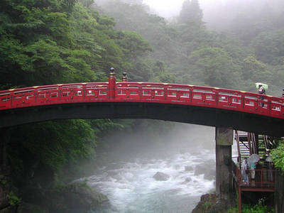 shinkyo bridge in nikko with fog