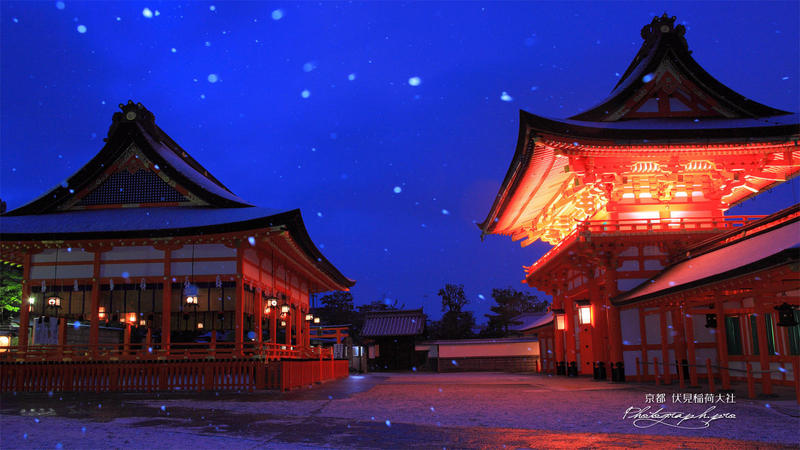 fushimi inari taisha at night covered with snow kyoto